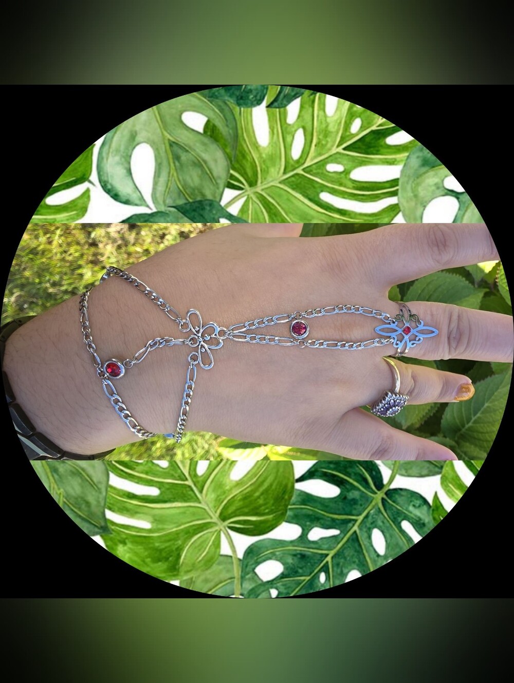Stainless Steel Silver Hand Chain Bracelet with Red Stones